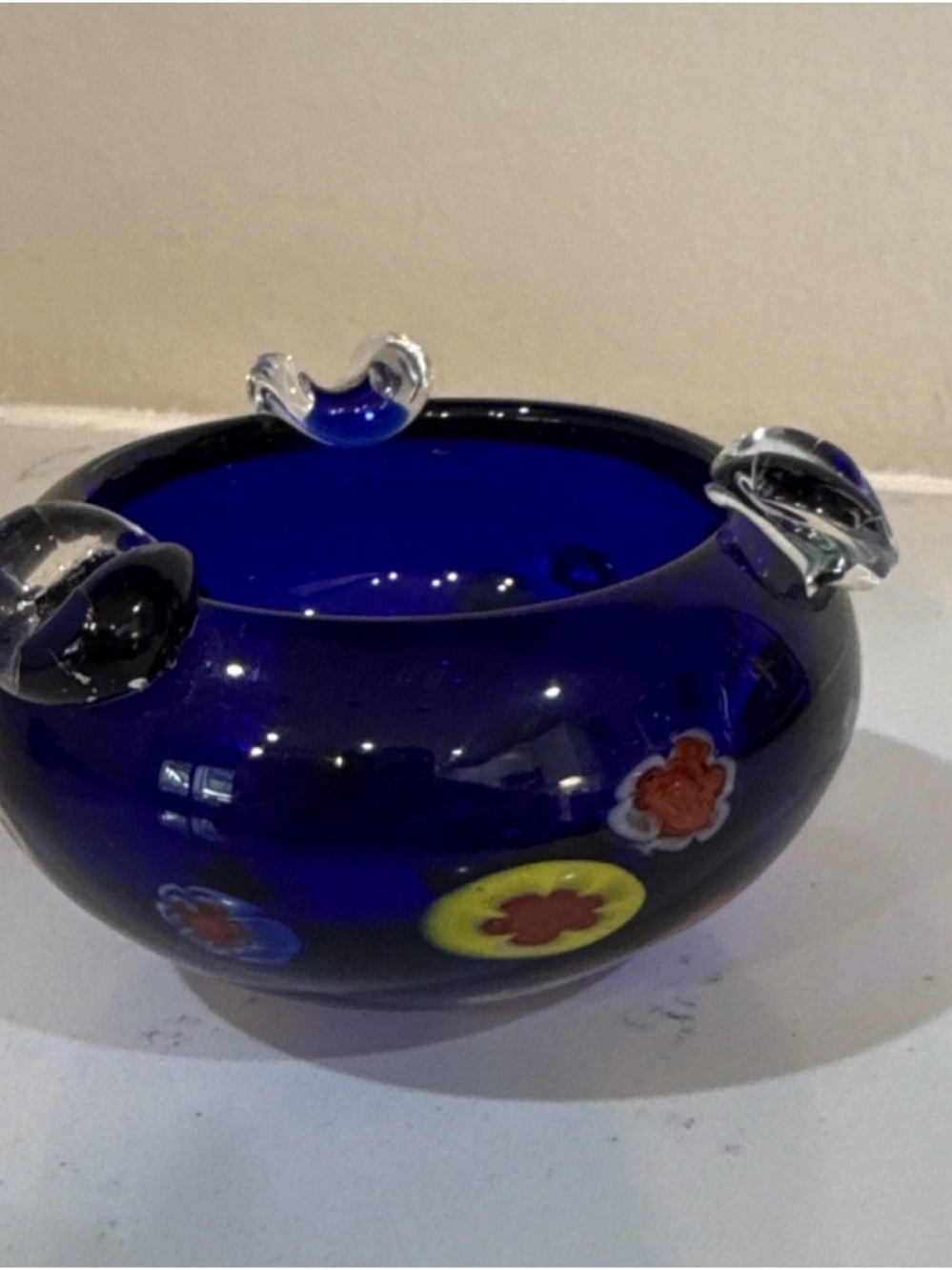 Cobalt Blue Art Glass Bowl with Floral Millefiori Accents